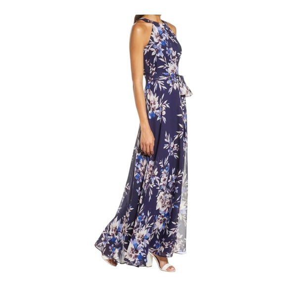 Eliza J | Dresses | Eliza J Floral Navy Chiffon Halter Tie Back Maxi Dress  Navy Size 2 Feminine | Poshmark